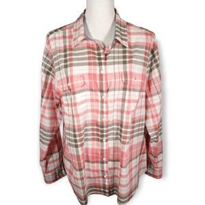 St. John's Bay Pink and Brown Plaid Button Down Shirt